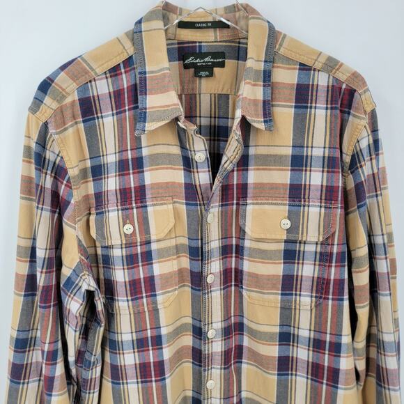 Eddie Bauer Shirt Mens TXL Plaid Yellow Blue Red Button Up Cotton Classic Fit - Picture 3 of 8